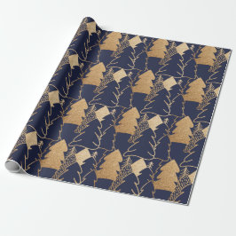 Papel De Presente Árvore de Natal Marinho Azul Rico Dourado Madeira 
