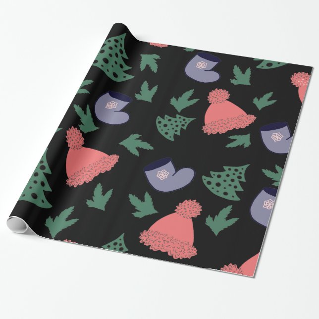 Papel De Presente Árvore de Natal, Meias, Chapéus Vermelhos em Preto (Desenrolado)