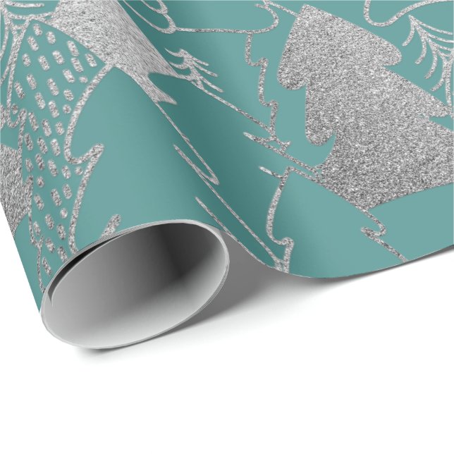 Papel De Presente Árvore de Natal Mint Teal Silver Cinza Madeira (Ponta do rolo)