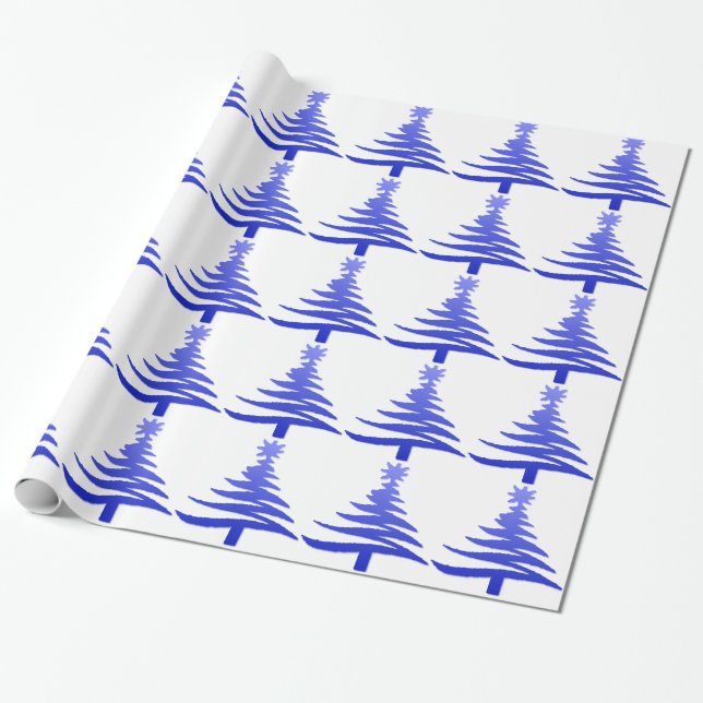 Papel De Presente Árvore de Natal Moderna Estêncil Impressão Azul (Desenrolado)