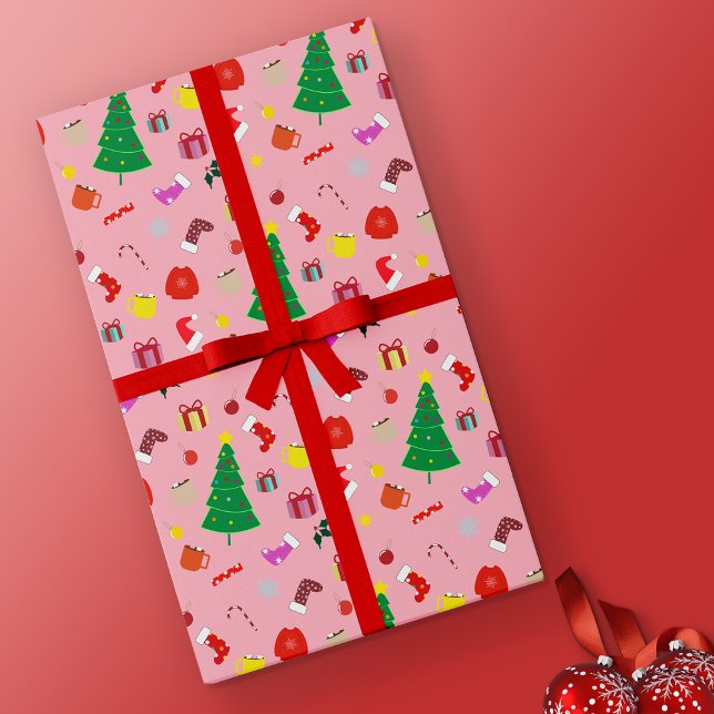 Papel De Presente Árvore de Natal Moderno Rosa Quente e Coisas (Pink Christmas Wrapping Paper)