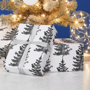 Papel De Presente Árvore de Natal Monocromática em Aquarela Preta