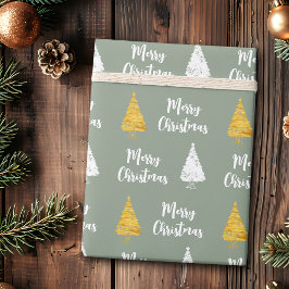 Papel De Presente Árvore de Natal Personalizada Verde Sage Branco Do