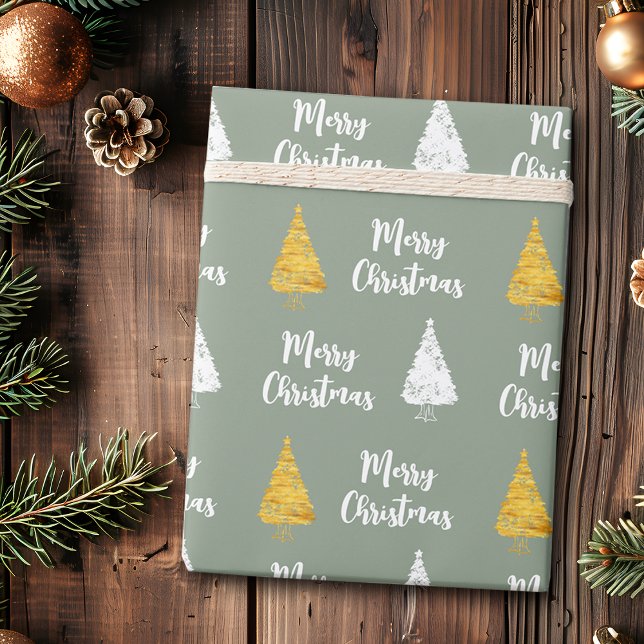 Papel De Presente Árvore de Natal Personalizada Verde Sage Branco Do (Criador carregado)