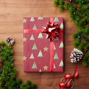 Papel De Presente Árvore de Natal Pinheiro Vermelho Padrão Aquarela