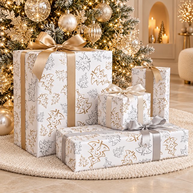 Papel De Presente Árvore de Natal Prata Dourada Elegante (Criador carregado)