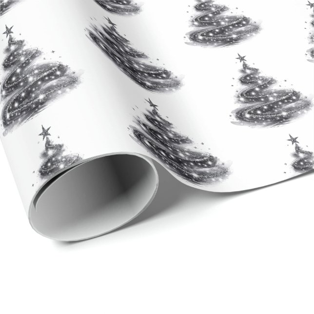 Papel De Presente Árvore de Natal Prateada Brilhante Preta (Ponta do rolo)