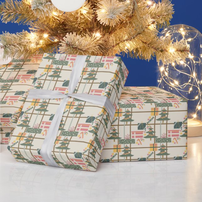 Papel De Presente Árvore de Natal, presentes e listras que embrulham (Feriados)
