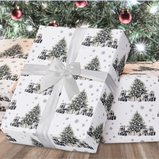 Papel De Presente Árvore de Natal Preta Branca Elegante (Black White Elegant Christmas Tree Wrapping Paper)
