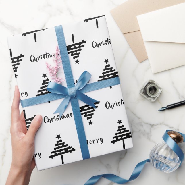Papel De Presente Árvore de Natal Preta e Branca Moderna Feriado (Presentear)