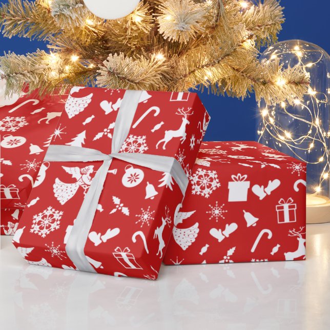 Papel De Presente Árvore de Natal Reindeer Snowflake Angel Red White (Feriados)