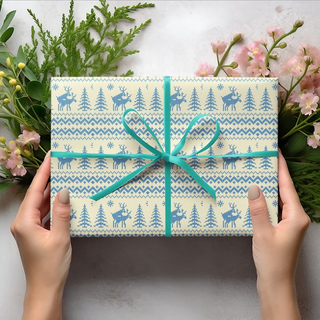 Papel De Presente Árvore de Natal Renas Engraçadas Padrão Azul Neve (Criador carregado)
