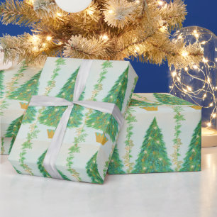 Papel De Presente Árvore de Natal Retro Bonita Dourado Estrelas Bran