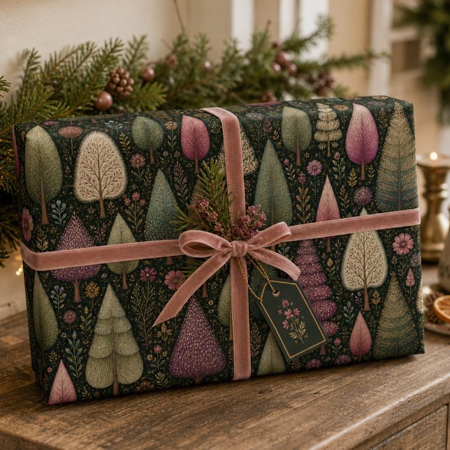 Papel De Presente Árvore de Natal Rosa Caprichosa e Padrão Floral  (Criador carregado)