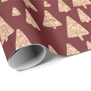 Papel De Presente Árvore de Natal - Rosa Dourada Glitter Burgundy Ma