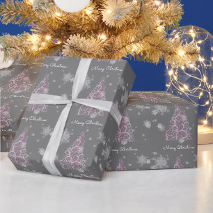 Papel De Presente Árvore de Natal rosa e Flocos de Neve