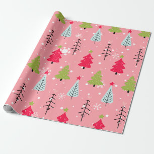 Papel De Presente Árvore de Natal Rosa Padrão de Férias Caprichoso