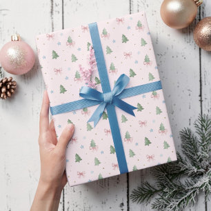 Papel De Presente Árvore de Natal Rosa Pastel Caprichosa Sem Costura