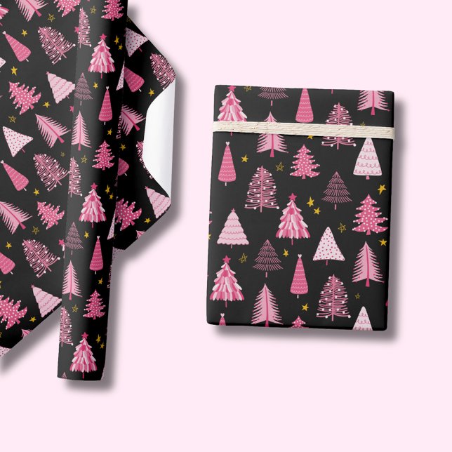 Papel De Presente Árvore de Natal Rosa Preto (Pink Christmas tree on black, wrapping paper rolls. Other colors & matching products available.)