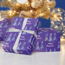 Papel De Presente Árvore de Natal Roxa Flocos de Neve Dourados
