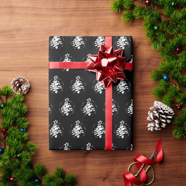 Papel De Presente Árvore de Natal - Silhueta Branca Moderna Preta (Presente de Natal)