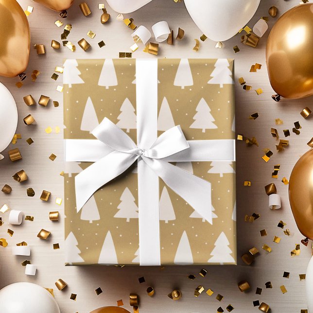 Papel De Presente Árvore de Natal silhuetas branco e ouro (Criador carregado)