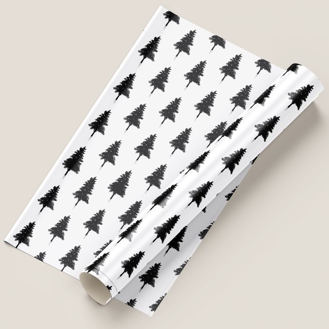 Papel De Presente Árvore de Natal Simples e Fofa em Preto e Branco (Cute Simple Black And White Christmas Tree Wrapping Paper)