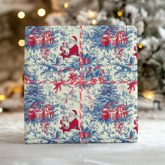 Papel De Presente Árvore de Natal Toile Vintage Santa Azul Vermelho