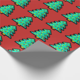 Papel De Presente Árvore de Natal Verde de 8 bits com fundo vermelho
