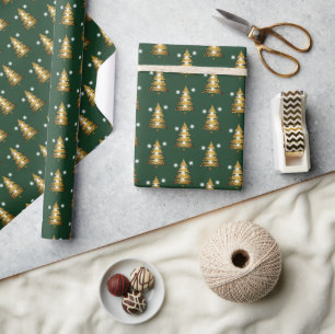 Papel De Presente Árvore de Natal Verde Dourada Moderna 
