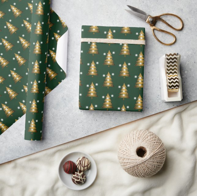 Papel De Presente Árvore de Natal Verde Dourada Moderna  (Artesanato)