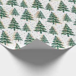 Papel De Presente Árvore de Natal Verde e Padrão Dourado de Faux-Gli