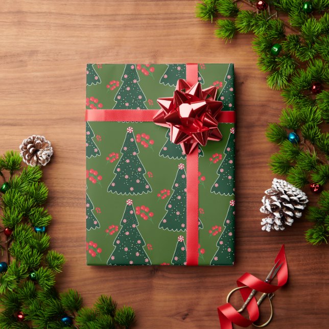 Papel De Presente Árvore de Natal Verde Holly Berry Candy (Presente de Natal)