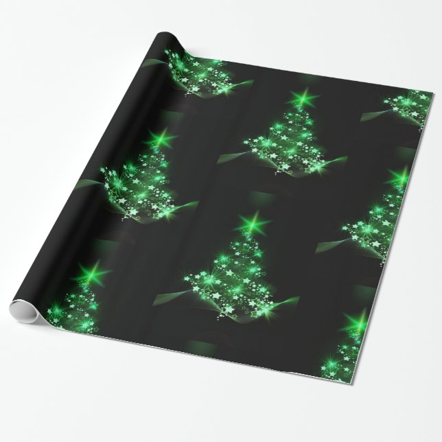 Papel De Presente Árvore de Natal verde no preto (Desenrolado)