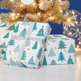 Papel De Presente Árvore de Natal Verde Padrão de Floresta de Invern