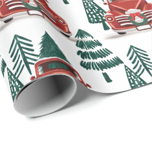 Papel De Presente Árvore de Natal vermelha do caminhão do vintage da