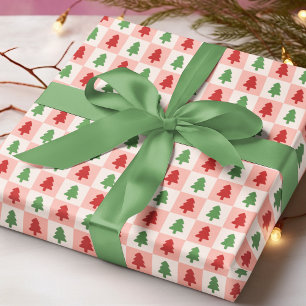 Papel De Presente Árvore de Natal Vermelha e Verde Moderna Xadrez