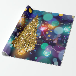 Papel De Presente Árvore de Ouro das Luzes de Natal brilhantes