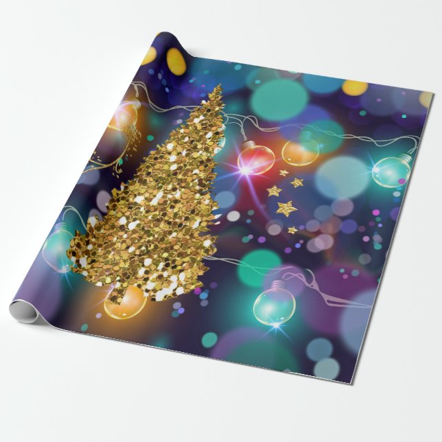 Papel De Presente Árvore de Ouro das Luzes de Natal brilhantes (Desenrolado)
