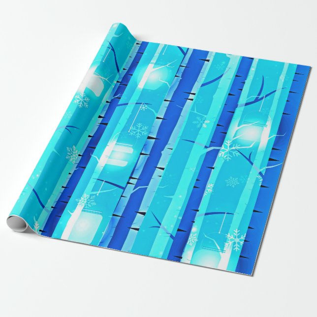 Papel De Presente Árvore de passarinho azul-inverno com flocos de ne (Desenrolado)