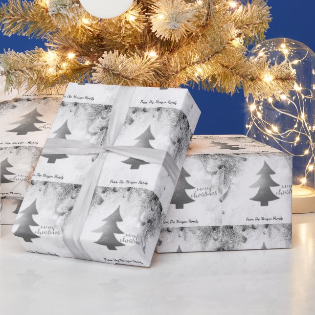 Papel De Presente  Árvore de Pinheiro Prateada, Bolas Feliz Natal   (Feriados)