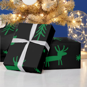 Papel De Presente Árvore de Pinheiro Verde Padrão de Natal Preto   