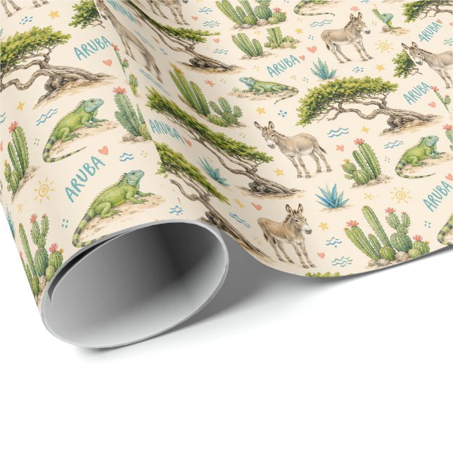 Papel De Presente Árvore divi de Aruba, burro, iguana, cacto (Ponta do rolo)
