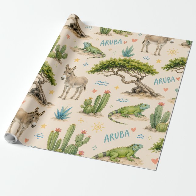 Papel De Presente Árvore divi de Aruba, burro, iguana, cacto (Desenrolado)