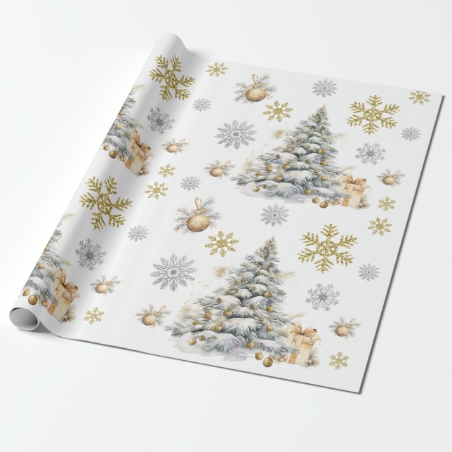 Papel De Presente Árvore Dourada de inverno e pinheiro prateado (Desenrolado)