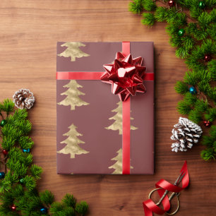 Papel De Presente Árvore Dourada de Natal Brick Red