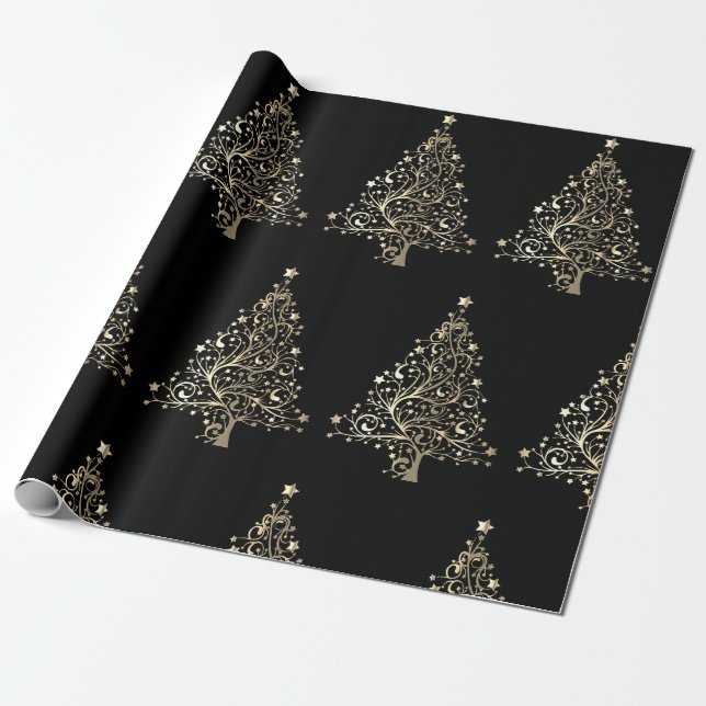 Papel De Presente Árvore Dourada de Natal - Estrelas Pretas  (Desenrolado)