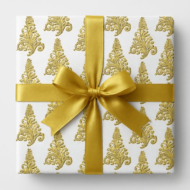 Papel De Presente Árvore Dourada e branca de Natal Elegante (Elegant gold and white Christma wrapping paper)