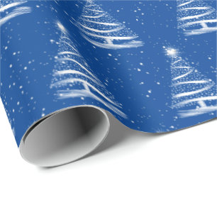 Papel De Presente árvore estrela de Natal branca em azul
