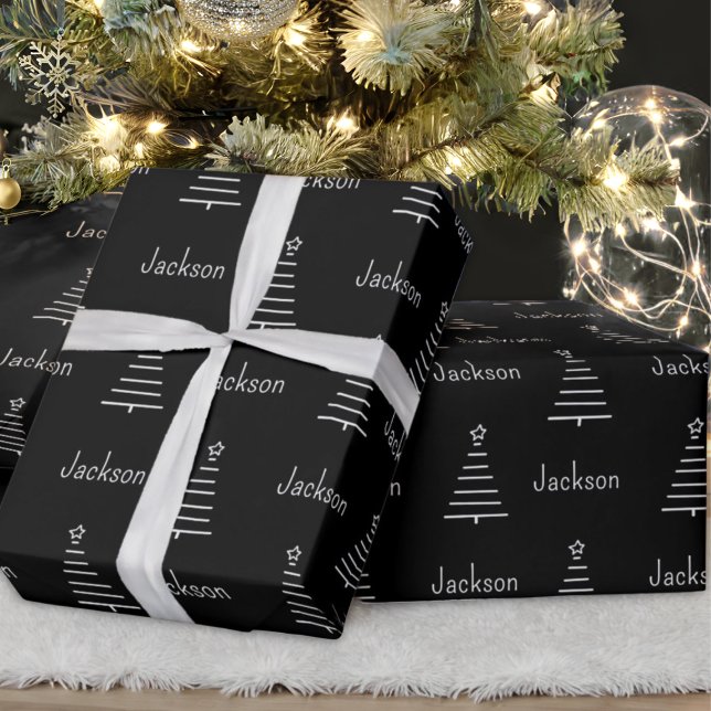 Papel De Presente Árvore Natal de Nome Personalizado Preto e Branco (Criador carregado)